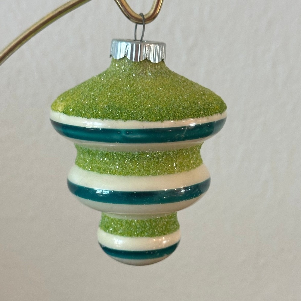 Vtg Shiny Brite Glass Christmas Ornament Green Blue Sugar Mica Stripe Tornado
